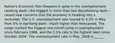 Nation's Economic Pain Deepens A spike in the unemployment ratelong dash—the biggest in more than two decadeslong dash—raised new concerns that the economy is heading into a recession. The U.S. unemployment rate soared to​ 5.5% in May from​ 5% in Aprillong dash—much higher than forecasted. The surge marked the biggest​ one-month jump in unemployment since February​ 1986, and the​ 5.5% rate is the highest seen since October 2004. The unemployment rate in​ May, 2008 is​ ______.