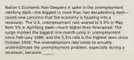 Nation's Economic Pain Deepens A spike in the unemployment ratelong dash—the biggest in more than two decadeslong dash—raised new concerns that the economy is heading into a recession. The U.S. unemployment rate soared to​ 5.5% in May from​ 5% in Aprillong dash—much higher than forecasted. The surge marked the biggest​ one-month jump in unemployment since February​ 1986, and the​ 5.5% rate is the highest seen since October 2004. The unemployment rate tends to actually underestimate the unemployment​ problem, especially during a​ recession, because​ ______.