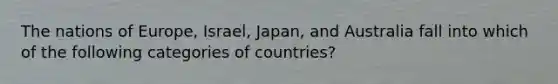 The nations of Europe, Israel, Japan, and Australia fall into which of the following categories of countries?