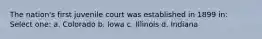 The nation's first juvenile court was established in 1899 in: Select one: a. Colorado b. Iowa c. Illinois d. Indiana