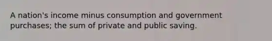 A nation's income minus consumption and government purchases; the sum of private and public saving.