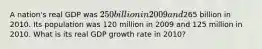 A nation's real GDP was 250 billion in 2009 and265 billion in 2010. Its population was 120 million in 2009 and 125 million in 2010. What is its real GDP growth rate in 2010?