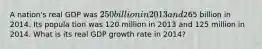 A nation's real GDP was 250 billion in 2013 and265 billion in 2014. Its popula tion was 120 million in 2013 and 125 million in 2014. What is its real GDP growth rate in 2014?