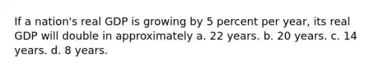 If a nation's real GDP is growing by 5 percent per year, its real GDP will double in approximately a. 22 years. b. 20 years. c. 14 years. d. 8 years.