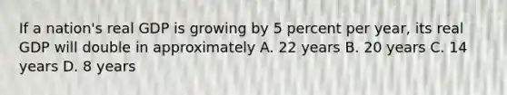 If a nation's real GDP is growing by 5 percent per year, its real GDP will double in approximately A. 22 years B. 20 years C. 14 years D. 8 years