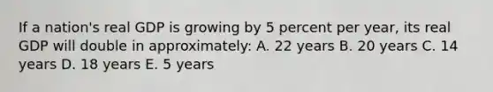 If a nation's real GDP is growing by 5 percent per year, its real GDP will double in approximately: A. 22 years B. 20 years C. 14 years D. 18 years E. 5 years