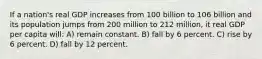 If a nation's real GDP increases from 100 billion to 106 billion and its population jumps from 200 million to 212 million, it real GDP per capita will: A) remain constant. B) fall by 6 percent. C) rise by 6 percent. D) fall by 12 percent.