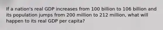 If a nation's real GDP increases from 100 billion to 106 billion and its population jumps from 200 million to 212 million, what will happen to its real GDP per capita?