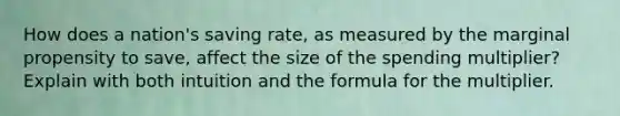 How does a nation's saving rate, as measured by the marginal propensity to save, affect the size of the spending multiplier? Explain with both intuition and the formula for the multiplier.