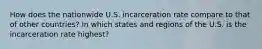 How does the nationwide U.S. incarceration rate compare to that of other countries? In which states and regions of the U.S. is the incarceration rate highest?