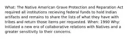 What: The Native American Grave Protection and Reparation Act required all institutions recieving federal funds to hold Indian artifacts and remains to share the lists of what they have with tribes and return those items per requested. When: 1990 Why: Initiated a new era of collaborative relations with Natives and a greater sensitivity to their concerns.