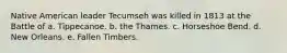 Native American leader Tecumseh was killed in 1813 at the Battle of a. Tippecanoe. b. the Thames. c. Horseshoe Bend. d. New Orleans. e. Fallen Timbers.