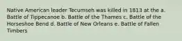 Native American leader Tecumseh was killed in 1813 at the a. Battle of Tippecanoe b. Battle of the Thames c. Battle of the Horseshoe Bend d. Battle of New Orleans e. Battle of Fallen Timbers