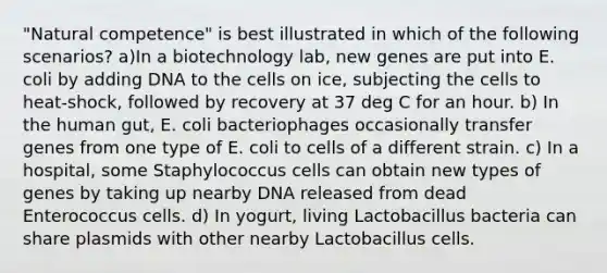 "Natural competence" is best illustrated in which of the following scenarios? a)In a biotechnology lab, new genes are put into E. coli by adding DNA to the cells on ice, subjecting the cells to heat-shock, followed by recovery at 37 deg C for an hour. b) In the human gut, E. coli bacteriophages occasionally transfer genes from one type of E. coli to cells of a different strain. c) In a hospital, some Staphylococcus cells can obtain new types of genes by taking up nearby DNA released from dead Enterococcus cells. d) In yogurt, living Lactobacillus bacteria can share plasmids with other nearby Lactobacillus cells.