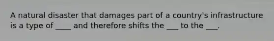 A natural disaster that damages part of a country's infrastructure is a type of ____ and therefore shifts the ___ to the ___.