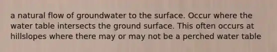 a natural flow of groundwater to the surface. Occur where <a href='https://www.questionai.com/knowledge/kra6qgcwqy-the-water-table' class='anchor-knowledge'>the water table</a> intersects the ground surface. This often occurs at hillslopes where there may or may not be a perched water table