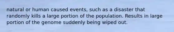 natural or human caused events, such as a disaster that randomly kills a large portion of the population. Results in large portion of the genome suddenly being wiped out.