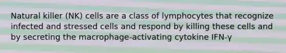 Natural killer (NK) cells are a class of lymphocytes that recognize infected and stressed cells and respond by killing these cells and by secreting the macrophage-activating cytokine IFN-γ