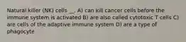 Natural killer (NK) cells __. A) can kill cancer cells before the immune system is activated B) are also called cytotoxic T cells C) are cells of the adaptive immune system D) are a type of phagocyte