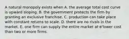 A natural monopoly exists when A. the average total cost curve is upward sloping. B. the government protects the firm by granting an exclusive franchise. C. production can take place with constant returns to scale. D. there are no rivals in the market. E. one firm can supply the entire market at a lower cost than two or more firms.