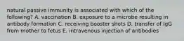 natural passive immunity is associated with which of the following? A. vaccination B. exposure to a microbe resulting in antibody formation C. receiving booster shots D. transfer of IgG from mother to fetus E. intravenous injection of antibodies