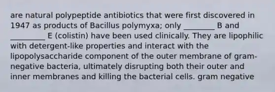 are natural polypeptide antibiotics that were first discovered in 1947 as products of Bacillus polymyxa; only ________ B and _________ E (colistin) have been used clinically. They are lipophilic with detergent-like properties and interact with the lipopolysaccharide component of the outer membrane of gram-negative bacteria, ultimately disrupting both their outer and inner membranes and killing the bacterial cells. gram negative