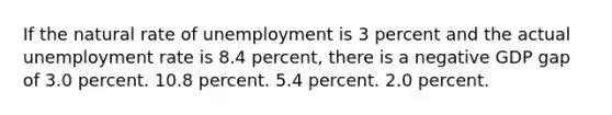 If the natural rate of unemployment is 3 percent and the actual unemployment rate is 8.4 percent, there is a negative GDP gap of 3.0 percent. 10.8 percent. 5.4 percent. 2.0 percent.