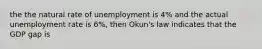 the the natural rate of unemployment is 4% and the actual unemployment rate is 6%, then Okun's law indicates that the GDP gap is