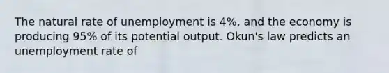 The natural rate of unemployment is 4%, and the economy is producing 95% of its potential output. Okun's law predicts an unemployment rate of