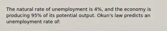 The natural rate of unemployment is 4%, and the economy is producing 95% of its potential output. Okun's law predicts an unemployment rate of: