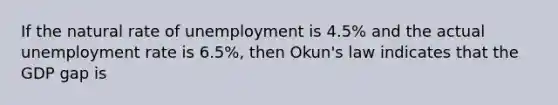 If the natural rate of unemployment is 4.5% and the actual unemployment rate is 6.5%, then Okun's law indicates that the GDP gap is