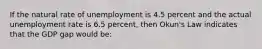 If the natural rate of unemployment is 4.5 percent and the actual unemployment rate is 6.5 percent, then Okun's Law indicates that the GDP gap would be: