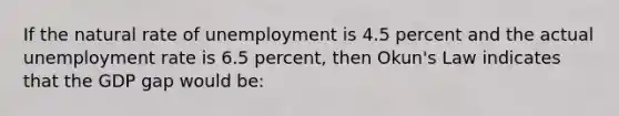 If the natural rate of unemployment is 4.5 percent and the actual unemployment rate is 6.5 percent, then Okun's Law indicates that the GDP gap would be: