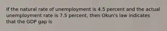 If the natural rate of unemployment is 4.5 percent and the actual unemployment rate is 7.5 percent, then Okun's law indicates that the GDP gap is