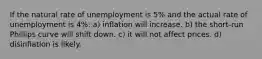 If the natural rate of unemployment is 5% and the actual rate of unemployment is 4%: a) inflation will increase. b) the short-run Phillips curve will shift down. c) it will not affect prices. d) disinflation is likely.