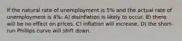 If the natural rate of unemployment is 5% and the actual rate of unemployment is 4%: A) disinflation is likely to occur. B) there will be no effect on prices. C) inflation will increase. D) the short-run Phillips curve will shift down.