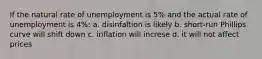 If the natural rate of unemployment is 5% and the actual rate of unemployment is 4%: a. disinfaltion is likely b. short-run Phillips curve will shift down c. inflation will increse d. it will not affect prices