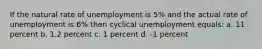 If the natural rate of unemployment is 5% and the actual rate of unemployment is 6% then cyclical unemployment equals: a. 11 percent b. 1.2 percent c. 1 percent d. -1 percent