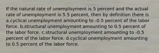 If the natural rate of unemployment is 5 percent and the actual rate of unemployment is 5.5 percent, then by definition there is a.cyclical unemployment amounting to -0.5 percent of the labor force. b.structural unemployment amounting to 0.5 percent of the labor force. c.structural unemployment amounting to -0.5 percent of the labor force. d.cyclical unemployment amounting to 0.5 percent of the labor force.