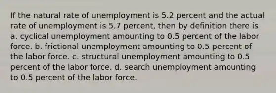 If the natural rate of unemployment is 5.2 percent and the actual rate of unemployment is 5.7 percent, then by definition there is a. cyclical unemployment amounting to 0.5 percent of the labor force. b. frictional unemployment amounting to 0.5 percent of the labor force. c. structural unemployment amounting to 0.5 percent of the labor force. d. search unemployment amounting to 0.5 percent of the labor force.