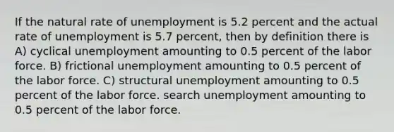 If the natural rate of unemployment is 5.2 percent and the actual rate of unemployment is 5.7 percent, then by definition there is A) cyclical unemployment amounting to 0.5 percent of the labor force. B) frictional unemployment amounting to 0.5 percent of the labor force. C) structural unemployment amounting to 0.5 percent of the labor force. search unemployment amounting to 0.5 percent of the labor force.