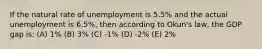 If the natural rate of unemployment is 5.5% and the actual unemployment is 6.5%, then according to Okun's law, the GDP gap is: (A) 1% (B) 3% (C) -1% (D) -2% (E) 2%