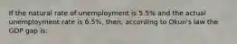 If the natural rate of unemployment is 5.5% and the actual unemployment rate is 6.5%, then, according to Okun's law the GDP gap is: