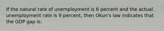 If the natural rate of unemployment is 6 percent and the actual unemployment rate is 9 percent, then Okun's law indicates that the GDP gap is: