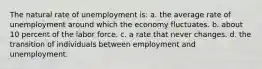 The natural rate of unemployment is: a. the average rate of unemployment around which the economy fluctuates. b. about 10 percent of the labor force. c. a rate that never changes. d. the transition of individuals between employment and unemployment.