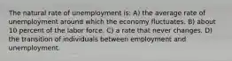 The natural rate of unemployment is: A) the average rate of unemployment around which the economy fluctuates. B) about 10 percent of the labor force. C) a rate that never changes. D) the transition of individuals between employment and unemployment.