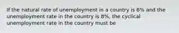 If the natural rate of unemployment in a country is 6% and the unemployment rate in the country is 8%, the cyclical unemployment rate in the country must be