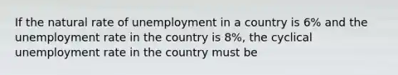 If the natural rate of unemployment in a country is 6% and the unemployment rate in the country is 8%, the cyclical unemployment rate in the country must be