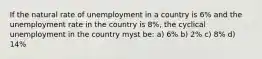 If the natural rate of unemployment in a country is 6% and the unemployment rate in the country is 8%, the cyclical unemployment in the country myst be: a) 6% b) 2% c) 8% d) 14%