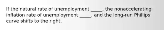 If the natural rate of unemployment _____, the nonaccelerating inflation rate of unemployment _____, and the long-run Phillips curve shifts to the right.